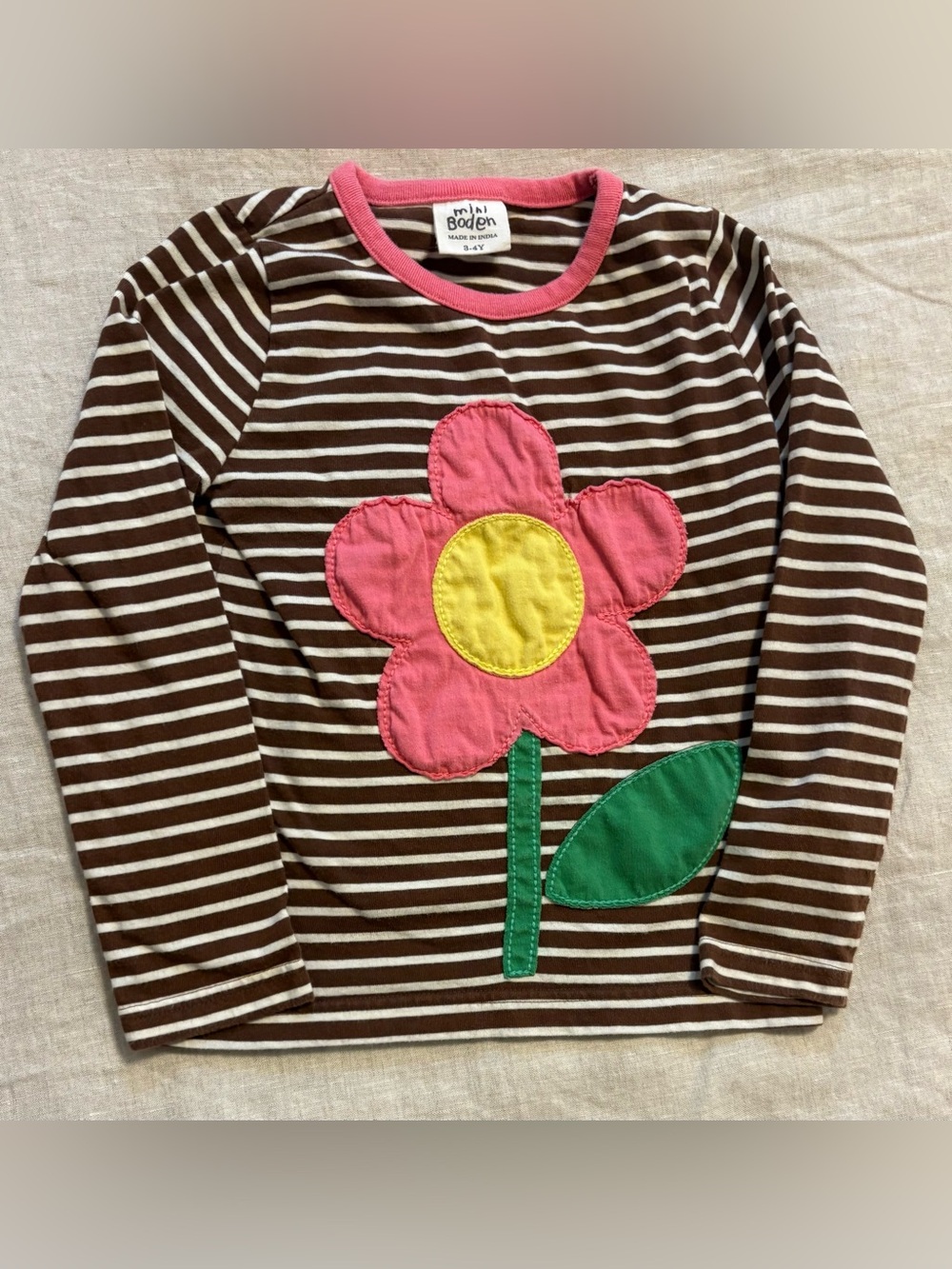 Mini Boden Flower Stripe Long Sleeve Shirt 3-4Y